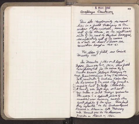 Notebook page (Notebook 239, p. 43) where Henry Robinson describes the story of discovery of the Athena/Apollo marble head.