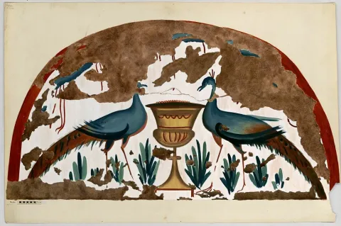 Interior of Shear Painted Tomb decoration, wall-painting of peacocks, symbols of immortality, by Mary Wyckof