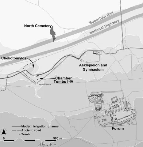 Map of Ancient Corinth with North Cemetery indicated, detail, by J. A. Herbst
