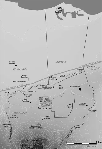 Map of Ancient Corinth with North Cemetery indicated, by J. A. Herbst